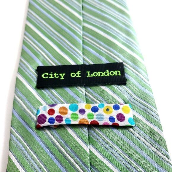 City Of London Green Blue Striped Woven Wide Silk Tie - Picture 3 of 8